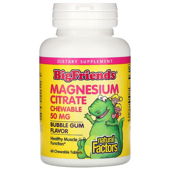 Natural Factors, Big Friends, Magnesium Citrate, Bubble Gum Flavor, 50 mg, 60 Chewable Tablets